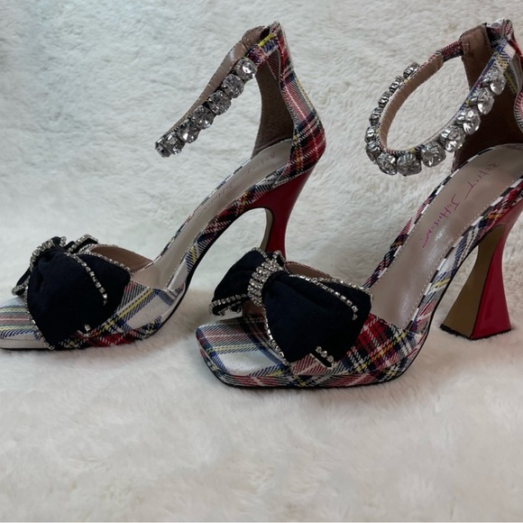 Betsey Johnson Giuliana Plaid Heels w/ Bow & Rhinestones - Picture 1 of 10